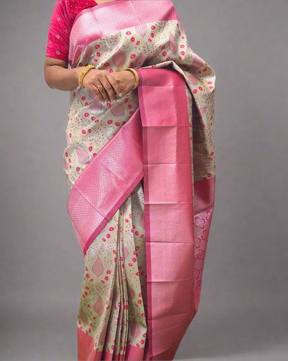 Handloom Silk Saree with Floral Design and Pink Border
