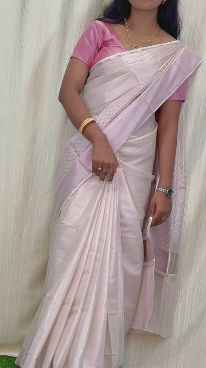 Elegant Pink Handloom Tissue Saree with Glossy Border